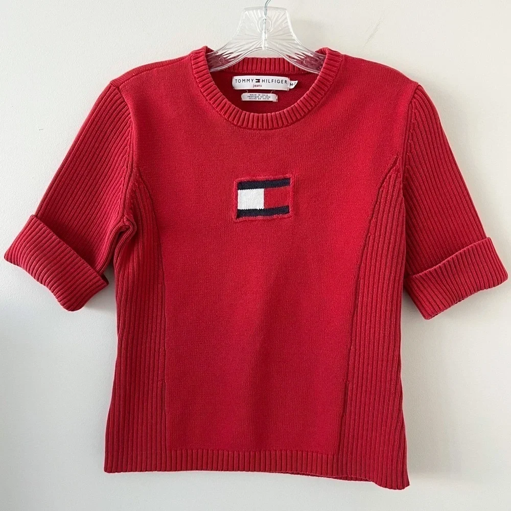 Vintage 2002 Tommy Hilfiger Red Flag Y2K Thick Knit Ribbed Top